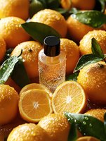 Fresh orange essential oil bottle surrounded by ripe citrus fruits with green leaves and water droplets for natural skincare and aromatherapy products.