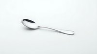Single stainless steel dessert spoon with elegant curved handle isolated on white background for kitchen utensil and dining design projects.