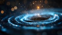 Glowing spiral galaxy with bright blue cosmic dust and golden stars against dark space background creates mesmerizing celestial view for astronomy themes.