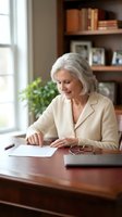 Senior woman with gray hair, Caucasian ethnicity, wearing beige blazer, reading documents at wooden desk in home office with bookshelves and window light, professional work environment.