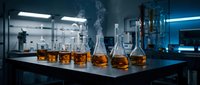 Amber liquid in laboratory flasks and beakers arranged on dark table in modern research facility with blue neon lighting and scientific equipment in background.