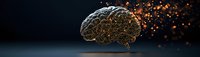 Metallic brain model with glowing orange particles floating against dark background, symbolizing artificial intelligence and cognitive enhancement.