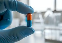 Scientist in blue gloves holding a two-colored capsule medication in laboratory setting, demonstrating pharmaceutical research and development.