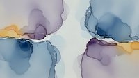 Abstract watercolor painting with flowing blue, purple and orange ink blots creating organic shapes on textured paper background for modern decor.