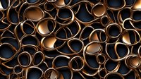 Metallic copper rings form abstract geometric pattern with dark shadows and reflective surfaces creating dynamic industrial background texture.