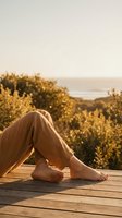 Bare feet resting on a wooden deck at golden hour, ocean and lush greenery in background, evoking relaxation and summer freedom.