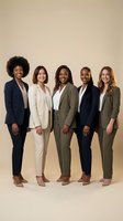Diverse group of five professional women in business attire standing together against neutral background. Includes African American woman with afro hairstyle, Asian woman, African American women, and Caucasian woman wearing blazers and dress pants for corporate team or leadership concepts.