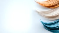 Colorful hair strands in peach, blonde and turquoise shades arranged in curved lines against white background, showing modern hair coloring trends and textures.