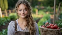 Young Caucasian woman with long wavy hair wearing gray dress and apron smiling in garden setting with fresh harvested tomatoes in wicker basket, natural organic farming concept.