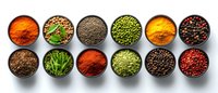 Colorful spices and herbs in round black bowls arranged in two rows on white background, overhead view of aromatic seasonings including paprika, peppercorns and curry powder.