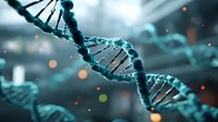 Glowing DNA molecule structure in turquoise blue color with bokeh light effects on dark background, scientific genetic research concept for biotechnology.