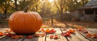 Orange pumpkin on rustic wooden table with colorful autumn leaves in warm sunlight, perfect for fall decorating and seasonal harvest celebrations.