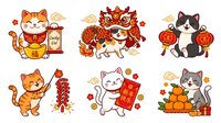 Lucky cats holding lanterns and festive decorations in traditional red and gold colors. Isolated clipart set ready for greeting cards, invitations, and holiday design projects.