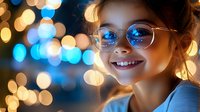 Young girl wearing glasses smiling with festive bokeh lights reflecting in lenses, creating magical holiday atmosphere. Warm golden and blue bokeh background.