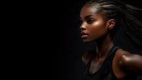 Young African American female athlete in black tank top against dark background, dramatic side lighting highlighting facial features and glowing skin.