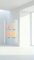 Smart home control panel with neon icons for climate, lights, music, and security mounted on white wall in modern interior space.