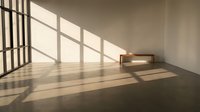 Minimalist interior room with warm sunlight streaming through large windows creating geometric shadow patterns on wooden floor. Empty space with modern architecture.