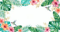 Tropical frame with hibiscus flowers and palm leaves on white background. Summer floral border for invitations, cards and decorations.