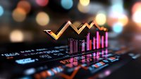 Glowing financial chart with rising arrow trend line in pink and orange neon colors against dark background with bokeh lights showing market growth analysis.