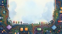 Futuristic circuit board city with colorful neon pathways, glowing nodes, and digital architecture against cloudy sky. Ideal for technology, innovation, and digital transformation concepts.
