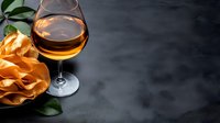 Glass of amber cognac or brandy with orange rose on dark stone background, elegant drink composition with copy space for luxury beverage marketing.