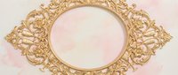 Ornate golden baroque frame with intricate scrollwork and floral motifs on soft pink marble background for luxury design projects and elegant branding materials.