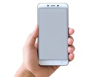 Hand holding modern white smartphone with blank screen isolated on white background, mockup for app and web design presentation.