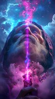Mature bearded man looking up at cosmic energy beam connecting to sky, surrounded by mystical purple and blue clouds, stars and ethereal light effects.