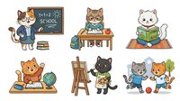 Cartoon cat characters in school and learning situations, isolated on white background, ready for educational materials, children's books, classroom decor, and design projects.