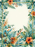 Tropical botanical frame with orange flowers, green foliage, and gold accents on cream background. Isolated design element suitable for invitations, cards, and print projects.