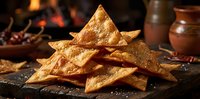 Golden crispy tortilla chips stacked on dark slate board with warm fireplace background creating cozy rustic atmosphere for snacking and entertaining.