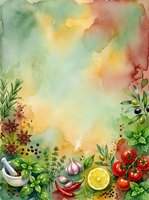 Watercolor cooking background with fresh herbs, vegetables and spices arranged at bottom border, featuring tomatoes, garlic, lemon, chili pepper and mortar pestle on soft yellow green wash.