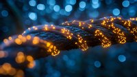 Glowing fiber optic cables with orange light streams against blurred blue bokeh background, modern technology and digital communication concept.