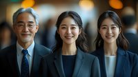 Asian business team with senior executive and young female professionals smiling confidently in corporate office setting with warm bokeh background.