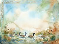 Watercolor illustration of ducks swimming in a pond surrounded by cattails and marsh vegetation under a soft sky, framed with ornamental borders, suitable for children's books, nursery decor, and nature-themed designs.
