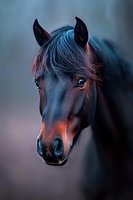 Close-up portrait of dark bay horse head with expressive eyes against blurred background, dramatic lighting creates mystical mood and highlights facial features.