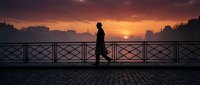 Man jogging on bridge at sunrise, silhouetted against golden sky. Urban fitness and morning exercise concept for wellness and healthy lifestyle campaigns.