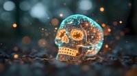 Glowing crystal skull with intricate honeycomb pattern illuminated by magical sparkles and bokeh lights on dark mysterious background, fantasy art concept.