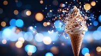 Soft serve ice cream cone with sprinkles against blurred bokeh lights background creating magical atmosphere. Sweet dessert with sparkles and glowing effect.