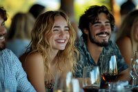 Young diverse friends enjoying dinner party outdoors, sharing genuine laughter and wine while socializing at restaurant table on summer evening.