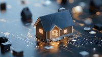 Small house model on glowing circuit board with digital connections, representing smart home technology and automation in modern residential solutions.