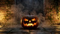 Carved jack-o-lantern with glowing face sits on stone surface surrounded by brick walls and atmospheric fog for seasonal decorations.