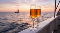 Two champagne flutes filled with golden bubbly on yacht deck at sunset with sailboat in background, luxury maritime celebration and romantic evening cruise.