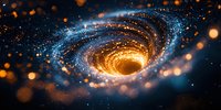Spiral galaxy with glowing orange and blue cosmic dust swirling into mysterious black hole center against starry space background, creating dramatic celestial scene.