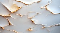 Cracked plaster surface with golden edges revealing layers beneath, creating abstract organic patterns and textures in warm neutral tones. Artistic wall design concept.