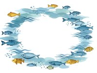 Watercolor ocean frame with tropical fish swimming in blue waves and bubbles on white background, isolated design element for marine themed projects.