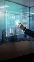 Businessman in dark suit touching holographic data analytics interface with conversion metrics and optimization charts in modern office with city skyline view.