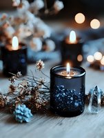 Moody black candle with crystal and dried flowers on wooden surface, soft bokeh lights creating mystical atmosphere for spiritual and wellness concepts.