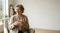 Senior woman with gray curly hair and glasses holding warm beverage cup, sitting in comfortable chair by window, relaxed lifestyle portrait.