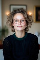 Young Caucasian woman with short wavy hair and round glasses wearing dark sweater smiling at camera. Natural window lighting creates soft portrait atmosphere.